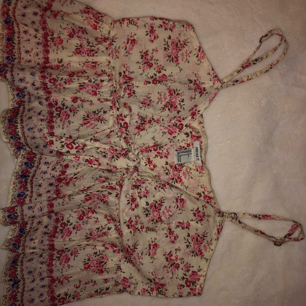 Pink and beige floral crop top with tie front.